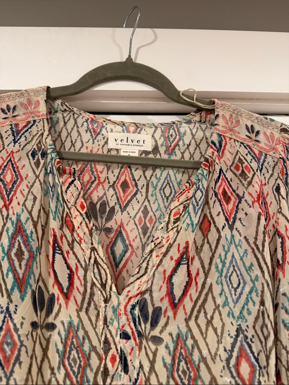 Velvet by Graham & Spencer Cream Boho Midi Dress with Coral & Teal Diamond sm - Picture 4 of 7